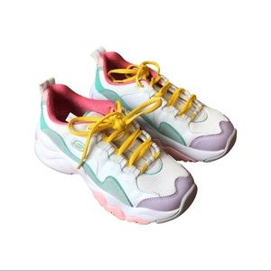 Lavender, aqua, pink, and yellow Sketchers